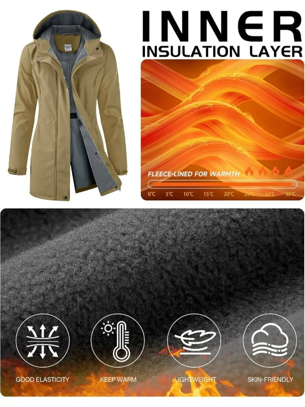 Women's Tan Hooded Fleece Lined Waterproof Hiking Softshell Long Rain Jacket
